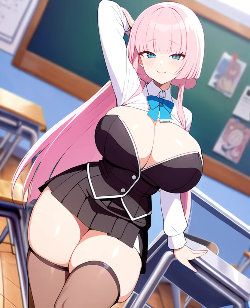 25yo woman, hime cut, light pink hair, long hair, teacher, erotic uniform, deep cleavage, ultra mini skirt, huge breast, thicc thigh, charming smile, school scenes, clear view, showing off armpits 