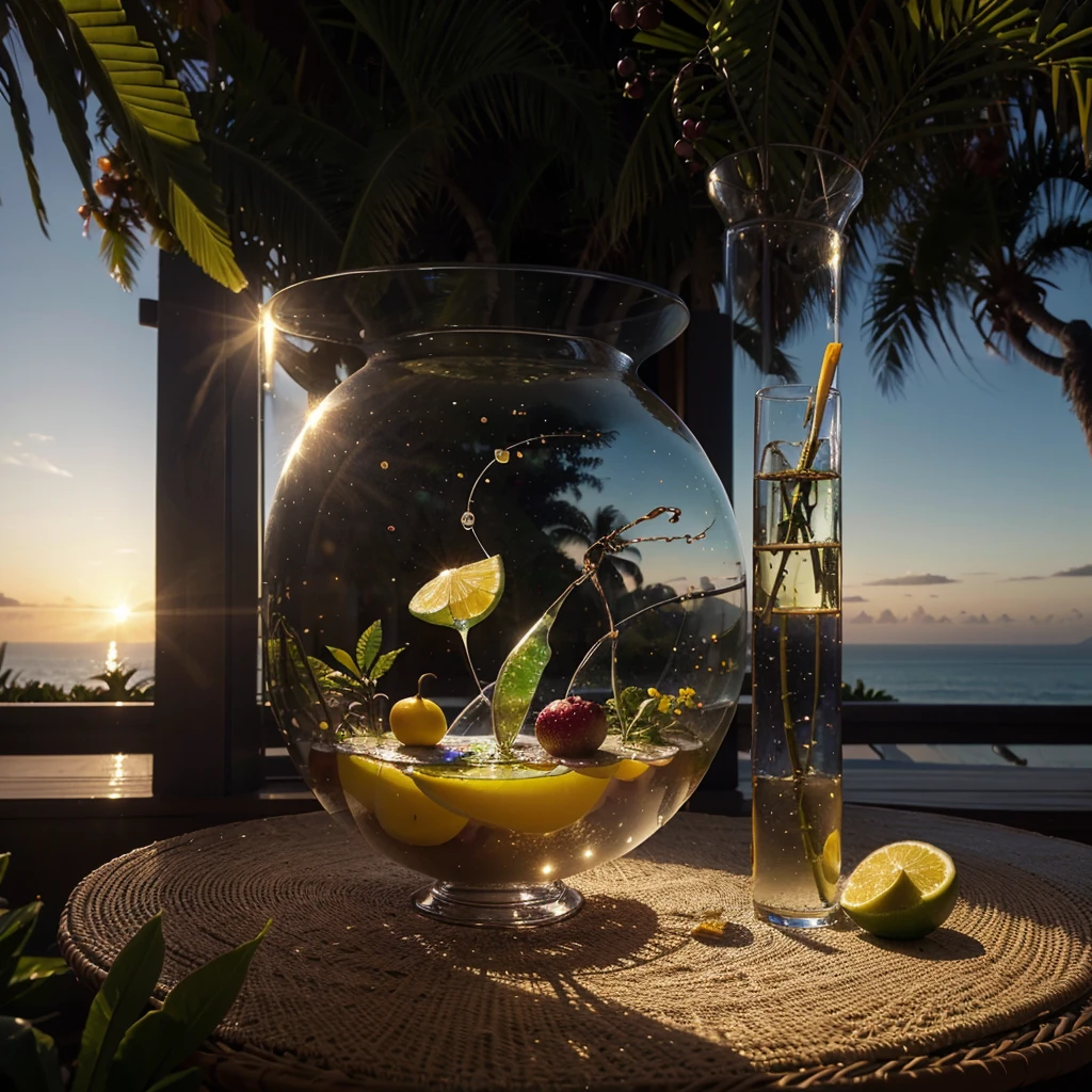 Title: “Sunset Fruit Oasis”
The painting depicts a surreal, larger-than-life scene where the traditional cocktail glass has been transformed into a magical, floating oasis suspended in the air.
At the center of the composition is the “cocktail glass,” but instead of being a solid container, it is a shimmering, transparent sphere that appears to be levitating. Inside this ethereal glass, an abundance of tropical fruits - pineapple, mango, dragonfruit, passionfruit, and more - are artfully arranged in a mesmerizing, three-dimensional display.
The fruits within the glass seem to defy gravity, floating and intertwining in a captivating, almost choreographed manner. Amidst the fruit, small, whimsical elements are scattered - miniature umbrellas, tiny figurines lounging on fruit slices, and delicate flowers drifting through the composition.
The transparent cocktail “glass” is surrounded by a lush, dreamlike landscape. In the background, a vibrant sunset paints the sky in a kaleidoscope of warm, golden hues. Swaying palm trees, floating flower petals, and other fantastical elements create a sense of pure, unadulterated escapism.
To further enhance the feeling of weightlessness and wonder, the entire scene may appear to be floating on a cloud-like mist or suspended above a tranquil, reflective body of water. This creates the impression that the viewer is stepping into a surreal, parallel dimension - a fruit-filled oasis where the ordinary rules of physics do not apply.
The realistic rendering of the fruits and other elements will ground the painting in a tangible, almost tactile quality, while the surreal, imaginative composition will captivate the viewer and transport them to a realm of pure fantasy and freedom.