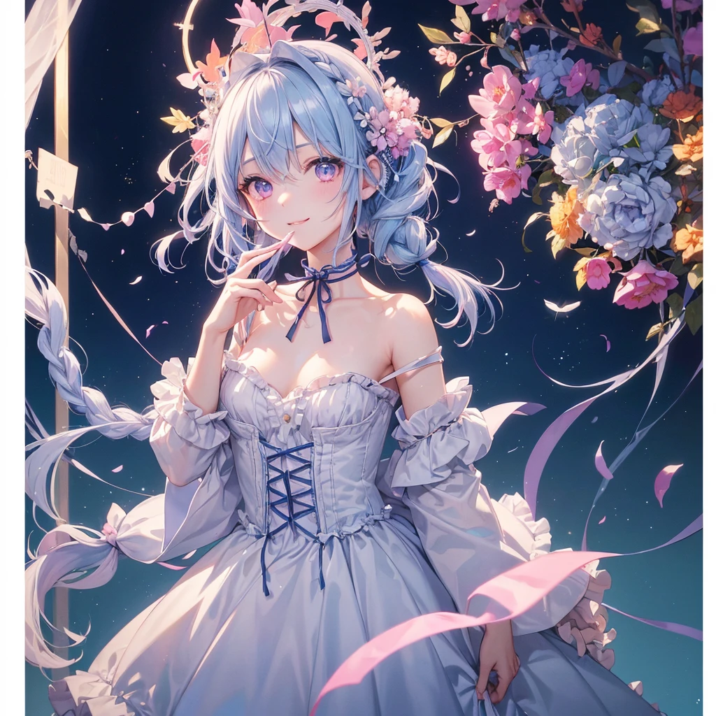 (Light blue medium hair),(Braided hair tied together)、Pink eyes、Fair skin、cowboy shot、Halloween、The background is a pumpkin ghost、Trick or Treat、A lot of sweets、Lollipop、Cosplay、A surprising smile、A dignified figure、solo、(masterpiece、Highest quality、Very detailed、Best Shadow)、(Detailed Background)、(Beautifully detailed face)、High contrast、(Best lighting、Very delicate and beautiful)、(Cinematic Light)、colorful、Hyper Detail、Dramatic Light、Exquisite detail、