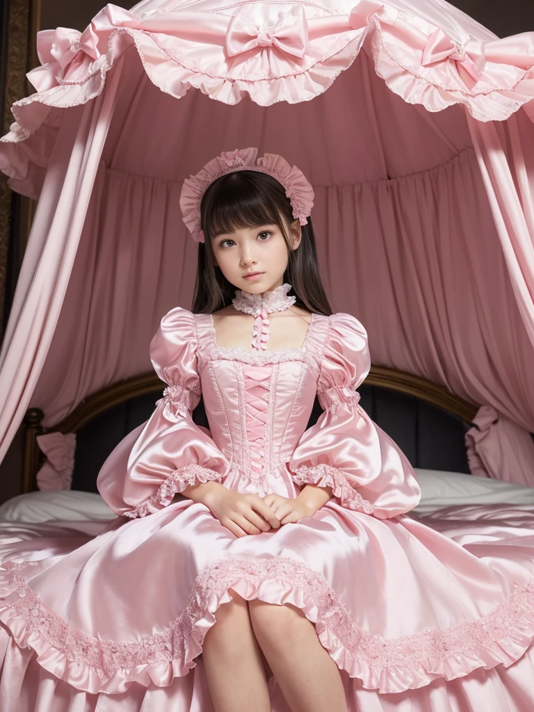 highest quality, masterpiece, highest resolution, artwork, super それにget used to it, many get used to it, get used to it, それにget used to it,(Loli), Girl, 10 years old,the girl is a princess,((girly dark pink satin fabric)), ((A Victorian ballgown dress with plenty of pink ruffles and bows and a voluminous full-length hoop skirt.)),long sleeve,long dress,A dress with lots of frills and ribbons..,luxury,((Palace bedroom)),((Huge square victorian canopy king size bed)),(the girl is sitting on the bed),lots of frilly pillows,ruffle bed skirt,