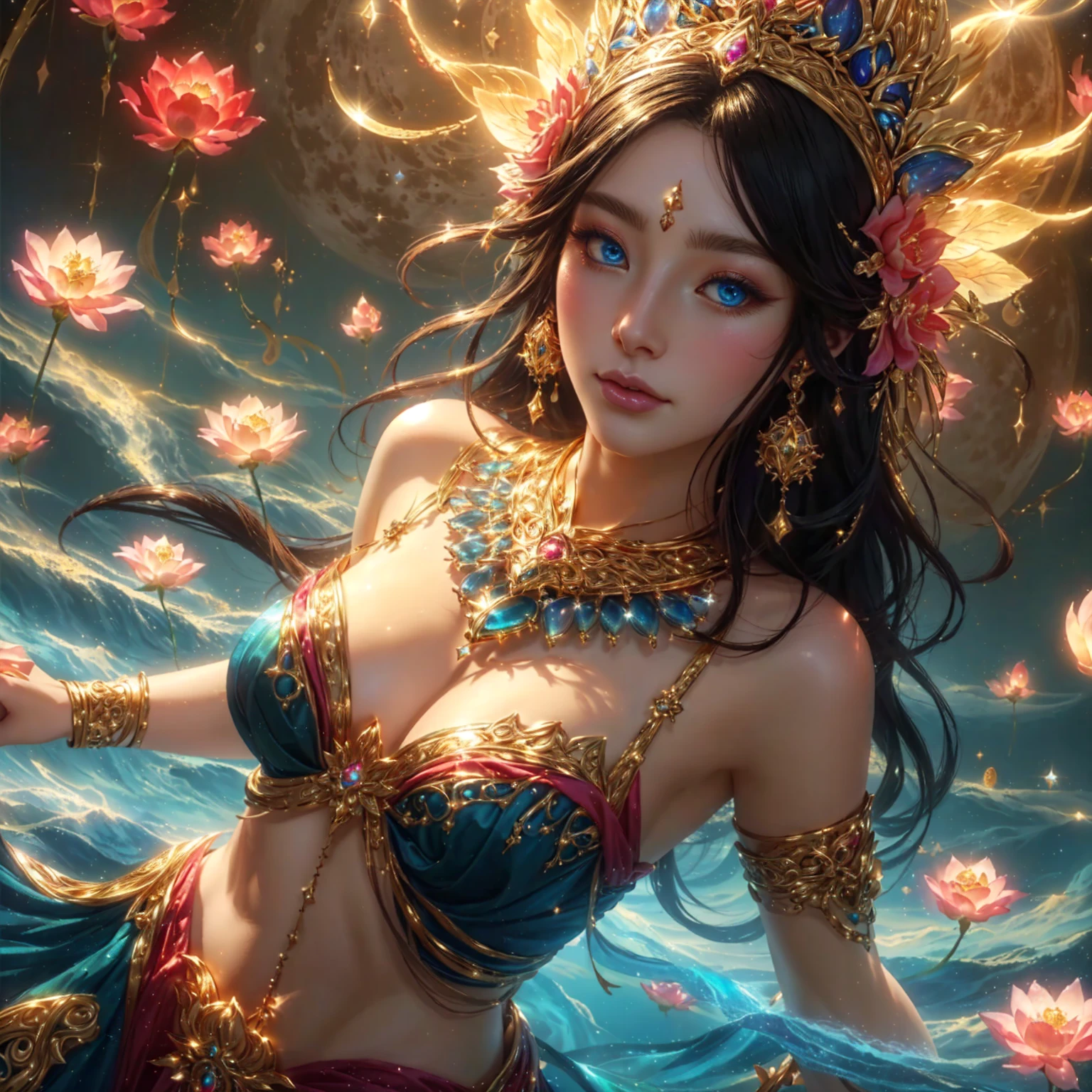 woman , sea blue eyes , pink mouth ,Dressed in gold, standing in front of a crescent moon., goddess of heaven, goddess of the moon, anime goddess, beautiful heavenly mage, lunar goddess, Moon Goddess, Golden Lotus Princess, Goddess of the Galaxy, Beautiful Fantasy Empress, ((Beautiful Fantasy Empress)), Goddess and Moon, As the sun goddess,, Goddess of space and time , , Fine gold jewelry