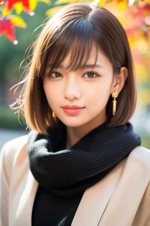 (RAW Photos), (((Overall image)))、Thick black sweater、White scarf around neck、Long thin earrings、Round eyes、Cheek on ear、correct、make、smile、Biting the lower lip、（((Close one eye and wink)))、Soft lips、誘惑的なsmile、Sparkle、Darker lipstick、Cheek on nose、(Autumn leaves)、((Watery eyes))、Asymmetrical Hair、Real Skin、Blonde Hair、Very realistic,Gray Hair、Messy Hair、Hair behind the ear、Floating Hair、short hair、Boyish Hair、Blunt bangs、Drop Shadow、Hyperrealism、Contemporary Art、shine、reflected light、Nikon、Ultra Wide Angle、16K、Super detailed、最high quality、uhd、Anatomically correct、Awards、最high quality、Ultra high detail、high quality、High resolution、Textured skin、correct、masterpiece、