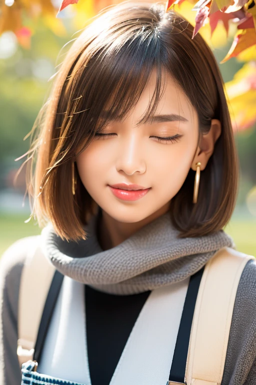 (RAW Photos), (((Overall image)))、Thick black sweater、White scarf around neck、Long thin earrings、Round eyes、Cheek on ear、correct、make、smile、Biting the lower lip、（((Close one eye and wink)))、Soft lips、誘惑的なsmile、Sparkle、Darker lipstick、Cheek on nose、(Autumn leaves)、((Watery eyes))、Asymmetrical Hair、Real Skin、Blonde Hair、Very realistic,Gray Hair、Messy Hair、Hair behind the ear、Floating Hair、short hair、Boyish Hair、Blunt bangs、Drop Shadow、Hyperrealism、Contemporary Art、shine、reflected light、Nikon、Ultra Wide Angle、16K、Super detailed、最high quality、uhd、Anatomically correct、Awards、最high quality、Ultra high detail、high quality、High resolution、Textured skin、correct、masterpiece、