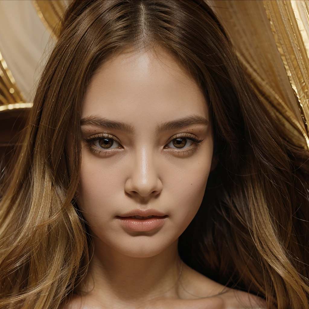 Brown eyes, Long blonde hair, doll lips, full lips, big doll-like eyes