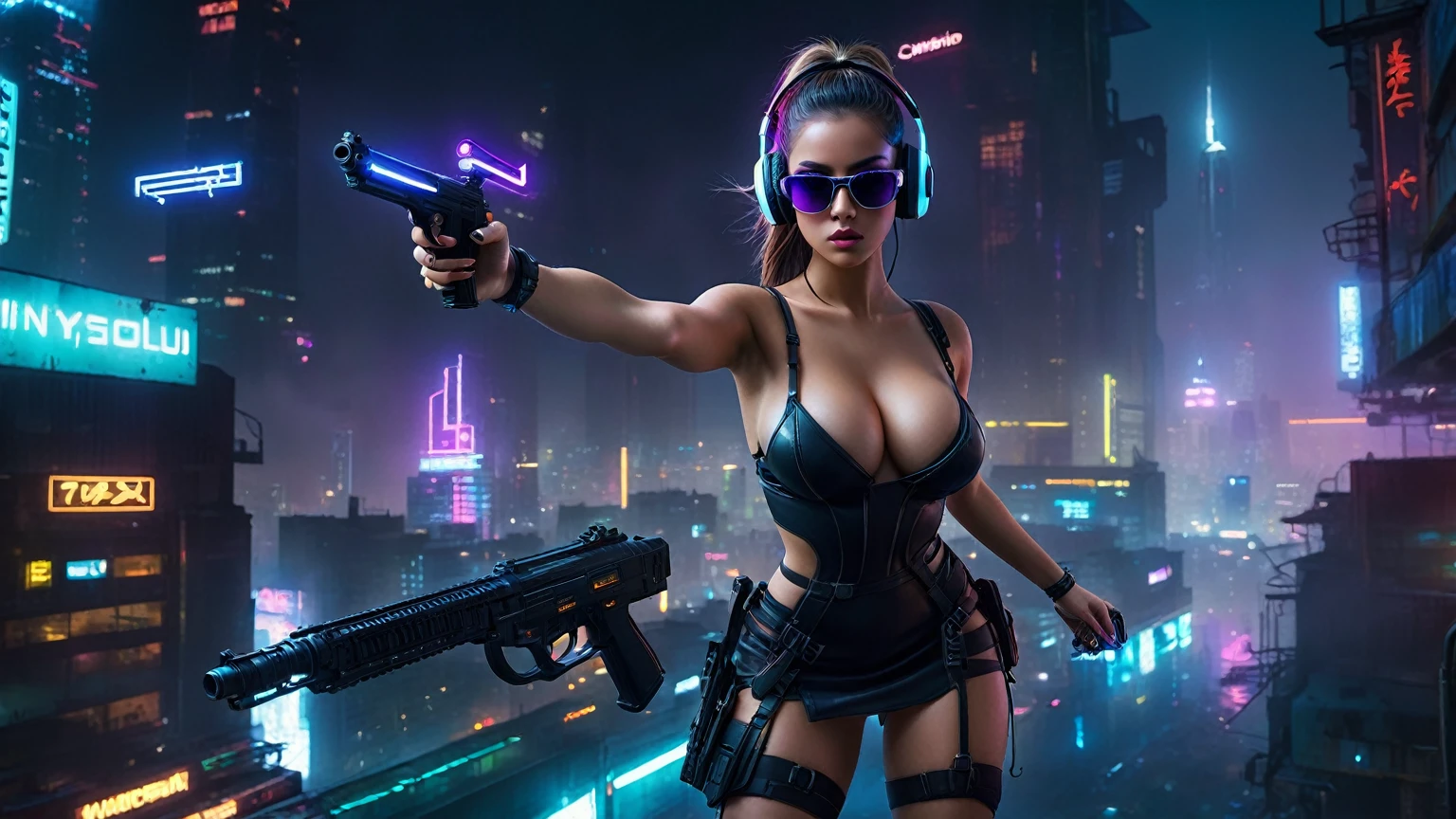 dark futuristic landscape, at night, neon lights, Atmospheric fog, large buildings in the background, futuristic city, streets with open shops, skyscraper (postapocalyptic city:1.3). (((1girl, solo, alone))), large-breast:1.2 slim body, cleavage:1.1, sexy miniskirt, (((headphone, black sunglasses, standing and holding pistol pose))), (((half-body thigh level medium shot))), cinematic lighting, lens flare, ray tracing.
