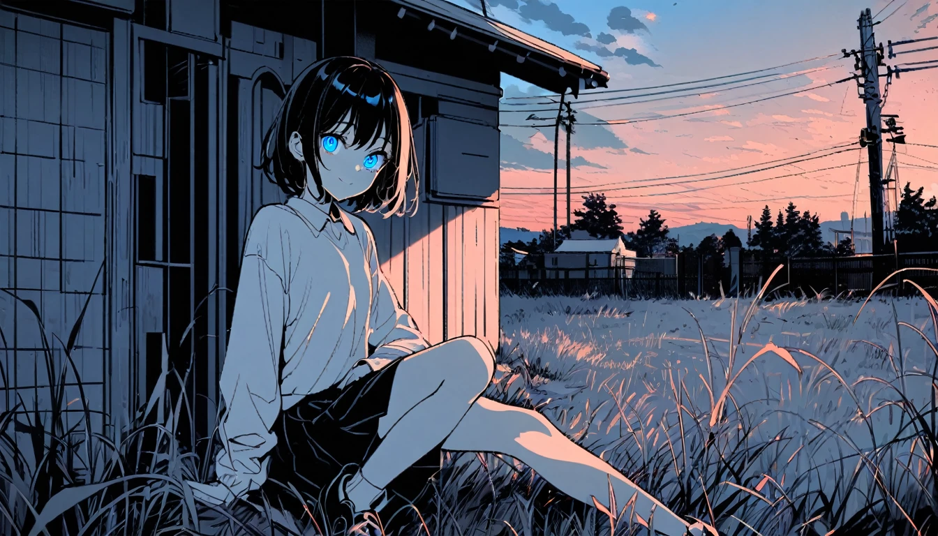 solo,1girl, solo, gentle smile on her face flat chest, short hair, black hair, blue eyes, (detailed eyes),, spot color, monochrome, looking at viewer ,outdoors, grass, sky, scenery, cloud, solo, sitting, power lines, tree, sunset, utility pole, skirt, shoes, cloudy sky, long sleeves, blue sky, fence, wide shot, day, building