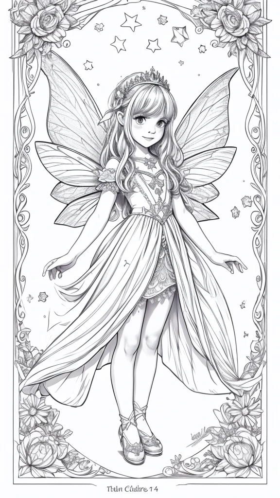a pretty fairy with a magic star in her hands, for coloring pages, full white, children's style, magic forest background, full body, Sketch style, playful style, childrens