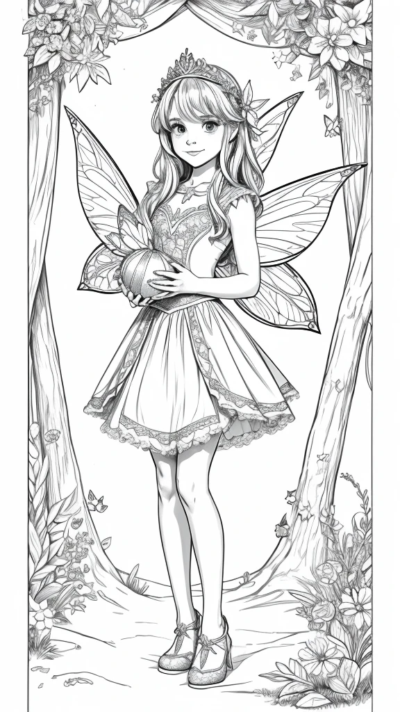 a pretty fairy with a magic star in her hands, for coloring pages, full white, children's style, magic forest background, full body, Sketch style, playful style, childrens