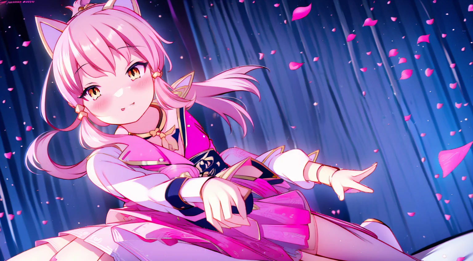 An anime girl with cat ears. Fake cat ears, and the cat ears are framed in gold on the head, long pink hair, very long hair, bright pink hair, white miniskirt with gold belt, She wears white gloves on her hands, pinker BH pinker Tanger, around the neck a golden collar, View to the viewer,
sexly, large , tight juicy ass, elongated yellow eyes with pink fragments, cute face",,