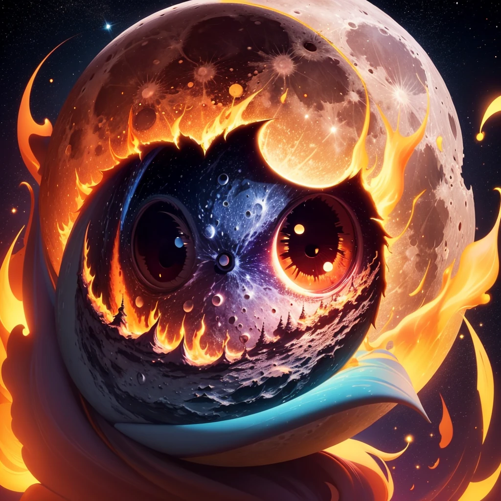 A burning moon emoji in a vibrant and animated cartoon style. The moon has a smiling face, Large and expressive eyes, and is illuminated with a golden yellow glow. The background is full of bright and colorful stars, with a night sky in dark blue tones. The image must be professional, fun and with a playful touch, showing only the moon without additional characters.