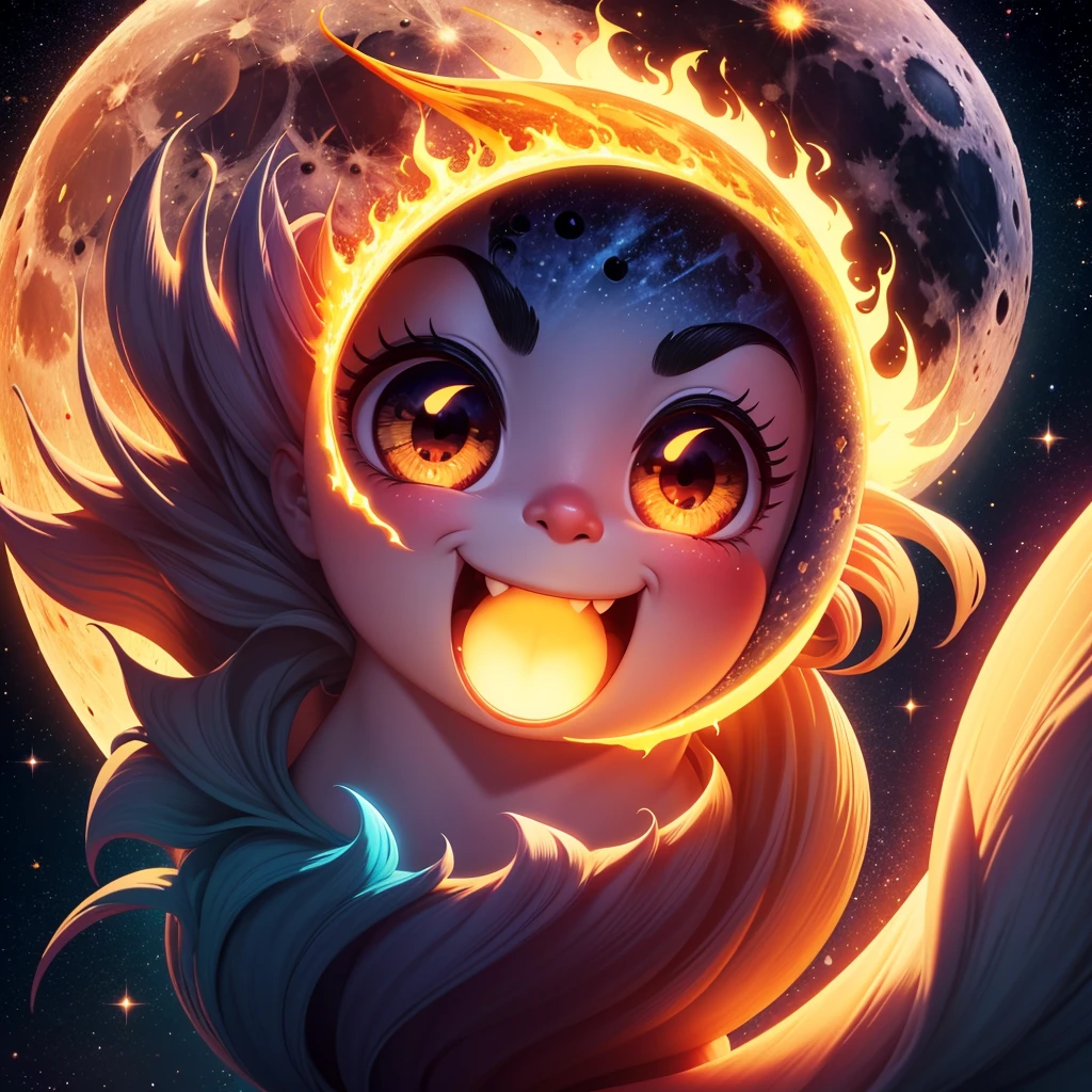 A burning moon emoji in a vibrant and animated cartoon style. The moon has a smiling face, Large and expressive eyes, and is illuminated with a golden yellow glow. The background is full of bright and colorful stars, with a night sky in dark blue tones. The image must be professional, fun and with a playful touch, showing only the moon without additional characters.