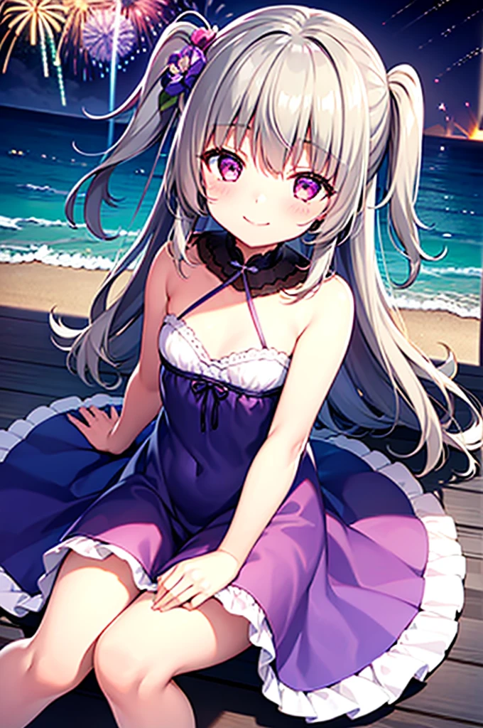 Himari Meimei, masterpiece, Voluptuous thighs, petit body, little young girl, flat chest, {1 Girl}, Cute and erotic smile, Highly detailed sparkling purple eyes, summer night, fireworks,  困り眉, open legs, legs up, brilliant silver grey hair, lying on beach bed, 