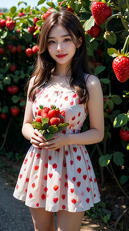 Beautiful Korean Girl, 1 Solo Girl, 20 years Girl, Beautiful Smile, ((smile: 1.2)), ((Masterpiece: 1.4)), ((Ultra HD Image quality)), ((Realistic)), k, Natural Human Skin, Soft skin, CG unity 8k wallpaper, ray tracing, High glow face, Superb beautiful face, High face texture, ((7D strawberry Printed beaded Sweetheart Homecoming Dress)), ((in background clear details with strawberry plants, strawberry orchards, Strawberry big fields, strawberry agricultural land, red Colour Strawberries)), standing in Strawberry orchards, beautiful angles, beautiful nature, very calm nature, peaceful nature, peaceful strawberry orchards, High resolution pictures, ((detailed girl)), ((Detailed background)), ((Detailed Face)), ((Detailed Dress)), ((detailed strawberry orchards)), ((Detailed nature)), Young Body, ((super Round Young breasts)), Perfect Figure, Slender, ((cinematic Photography, award winning photography)), ((Full body Shot)), ((Dim day light, cool Day)),
