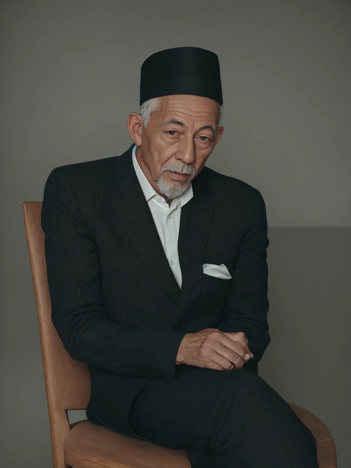 Make this photo look realistic and detailed, arafed man with a black suit and wearing a suit sitting on a chair, 8 0 years old man, white beard, very detailed potrait, realistic portrait photo, close up potrait, profile portrait, very detailed face, very realistic face, very perfected face, very detailed clothes, very realistic clothes, very perfected clothes