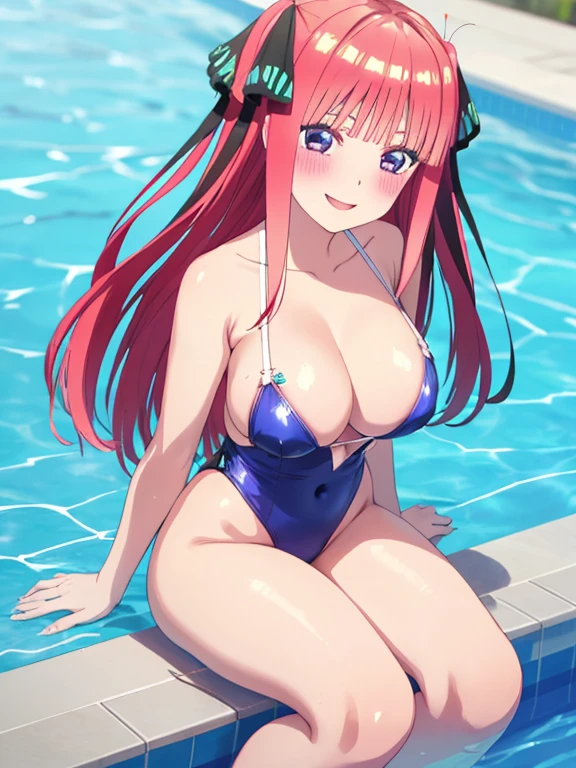 best quality, insanely detailed, nino nakano, swimsuit, breasts, blush, swimming pool background, smile, open legs, pussy,highleg leotard
