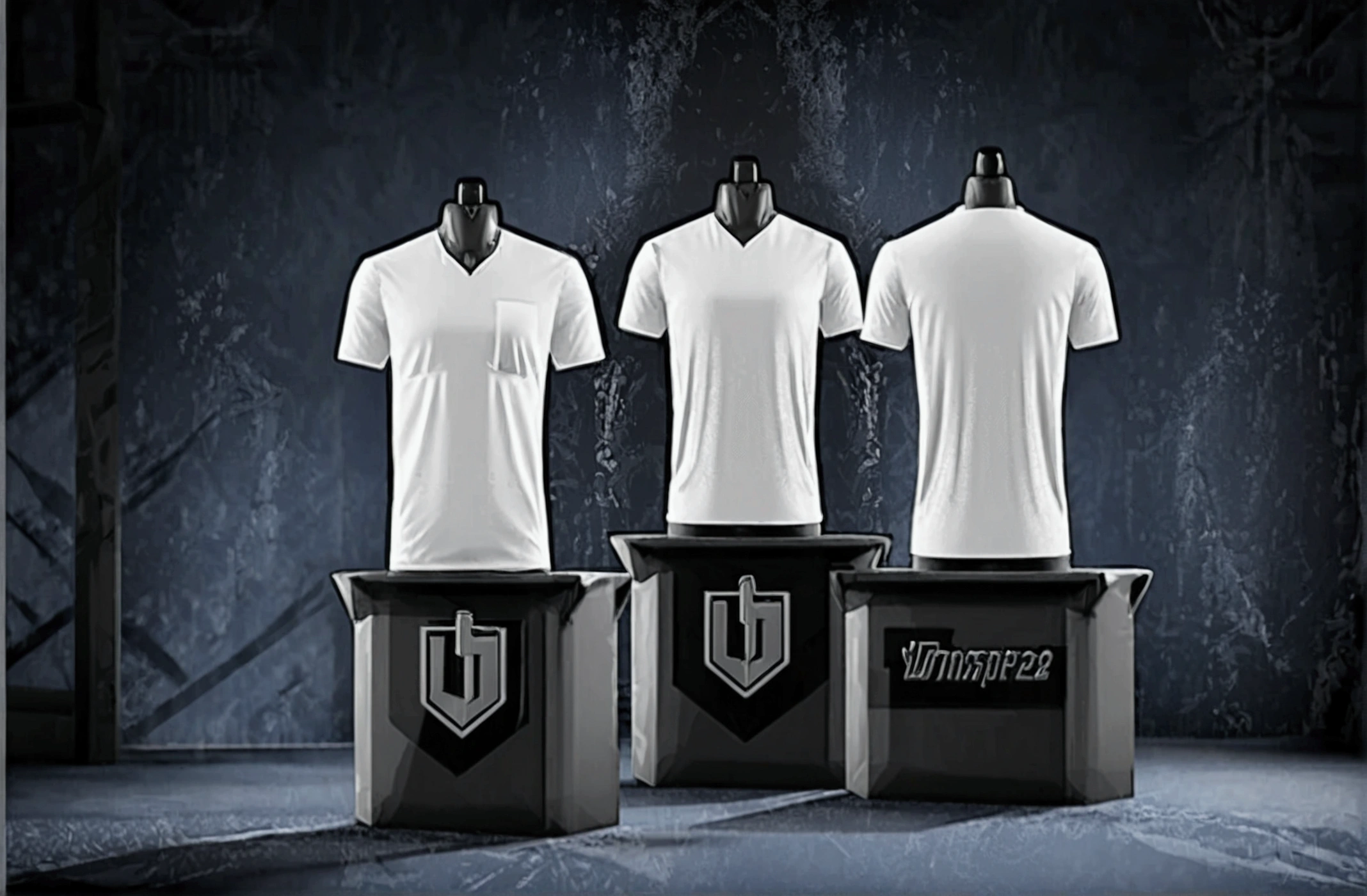 The image shows a mannequin dressed in a white shirt placed in front and back a black V-neck background