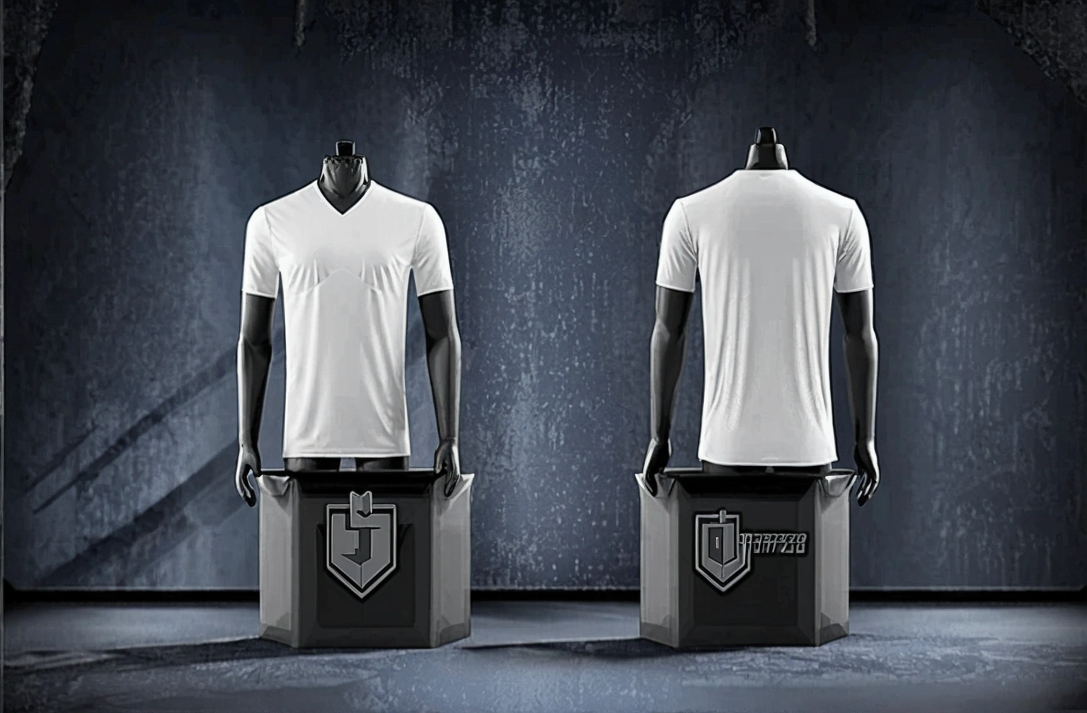 The image shows a mannequin dressed in a white shirt placed in front and back a black V-neck background