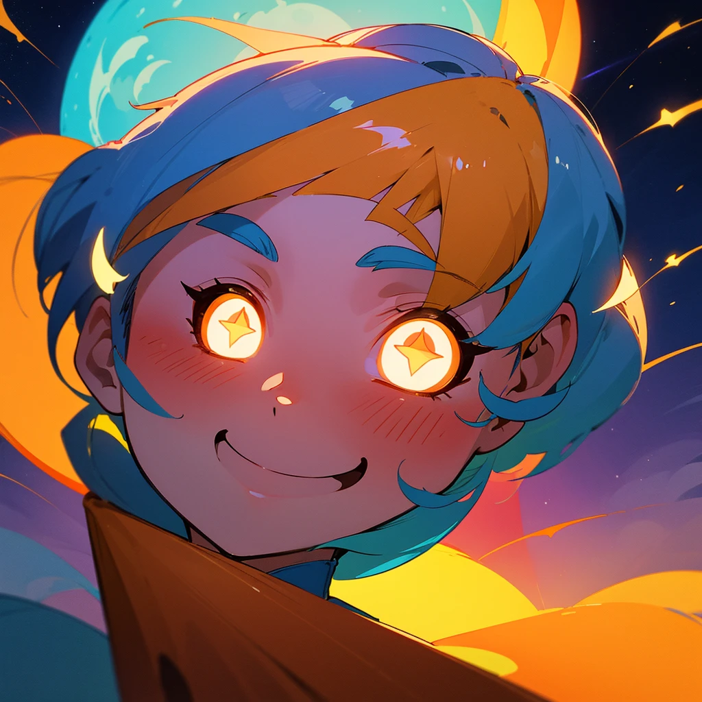 A burning moon emoji in a vibrant and animated cartoon style. The moon has a smiling face, Large and expressive eyes, and is illuminated with a golden yellow glow. The background is full of bright and colorful stars, with a night sky in dark blue tones. The image must be professional, fun and with a playful touch, showing only the moon without additional characters.
