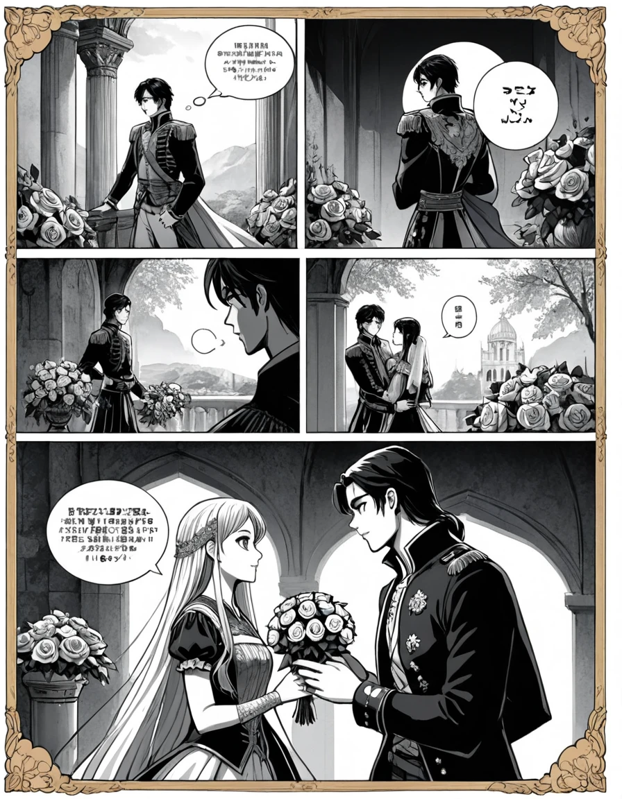 (8k, best quality, master piece: 1.2),super high resolution,ultra-detailed face,deep detailed eyes,A page of a black and white comic book divided into frames、One Western man and one Western woman are Romeo and Juliet、A prince and a princess meet and fall in love,A kneeling prince presents a bouquet of roses to a standing princess,speech bubble、Powerful boy manga style