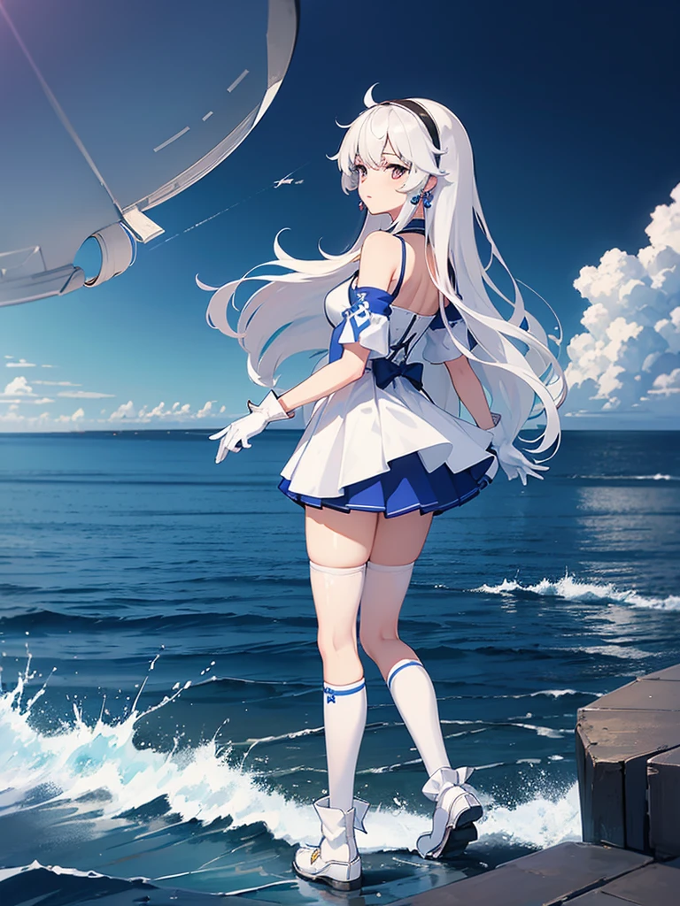 ((Highest quality)), ((masterpiece)), ((One girl)), alone, ferry, ((Long Hair)), ferryBase, ((Knee socks)), Exposing shoulders, ((jewelry)), ((No sleeve)), White Dress, Blue Skirt, ((gloves)), Up to the thighs, From behind.