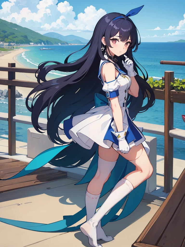 ((Highest quality)), ((masterpiece)), ((One girl)), alone, ferry, ((Long Hair)), ferryBase, ((Knee socks)), Exposing shoulders, ((jewelry)), ((No sleeve)), White Dress, Blue Skirt, ((gloves)), Up to the thighs, From behind.