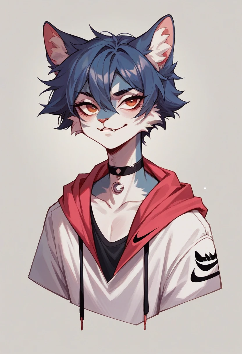Fluffy cat in Nike clothes with a languid look, прической wolf cut, choker