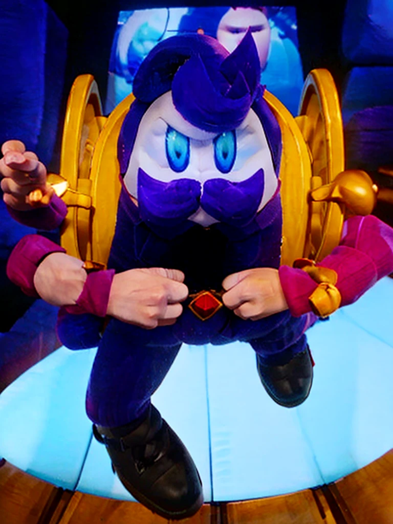 haltmann, purple hair, purple mustache, arms, wearing a dark blue suit with pink vertical lining, pink shirt, red tie, black shoes, gold suit button with a red diamond, pale purple gloves, pink cuffs, pale purple skin, blue eyes, golden earpiece with antenna
