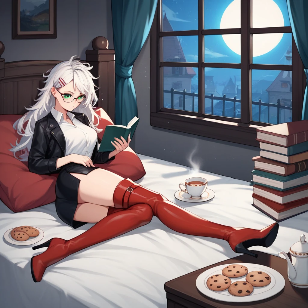 score_9, score_8_up, score_7_up, score_6_up, score_5_up, score_4_up, source_anime, 1girl, full body, bed, lie down on your stomachs, white hair, long hair, green eyes, glasses, hairpins, reading book, messy hair, white shirt, leather jacket, skirt, red thigh high boots, heels, Kicking your legs, night, windows, table, tea, smartphones, bookcase, cookies, plates, dungeon, best quality, best res, 4K UHD,