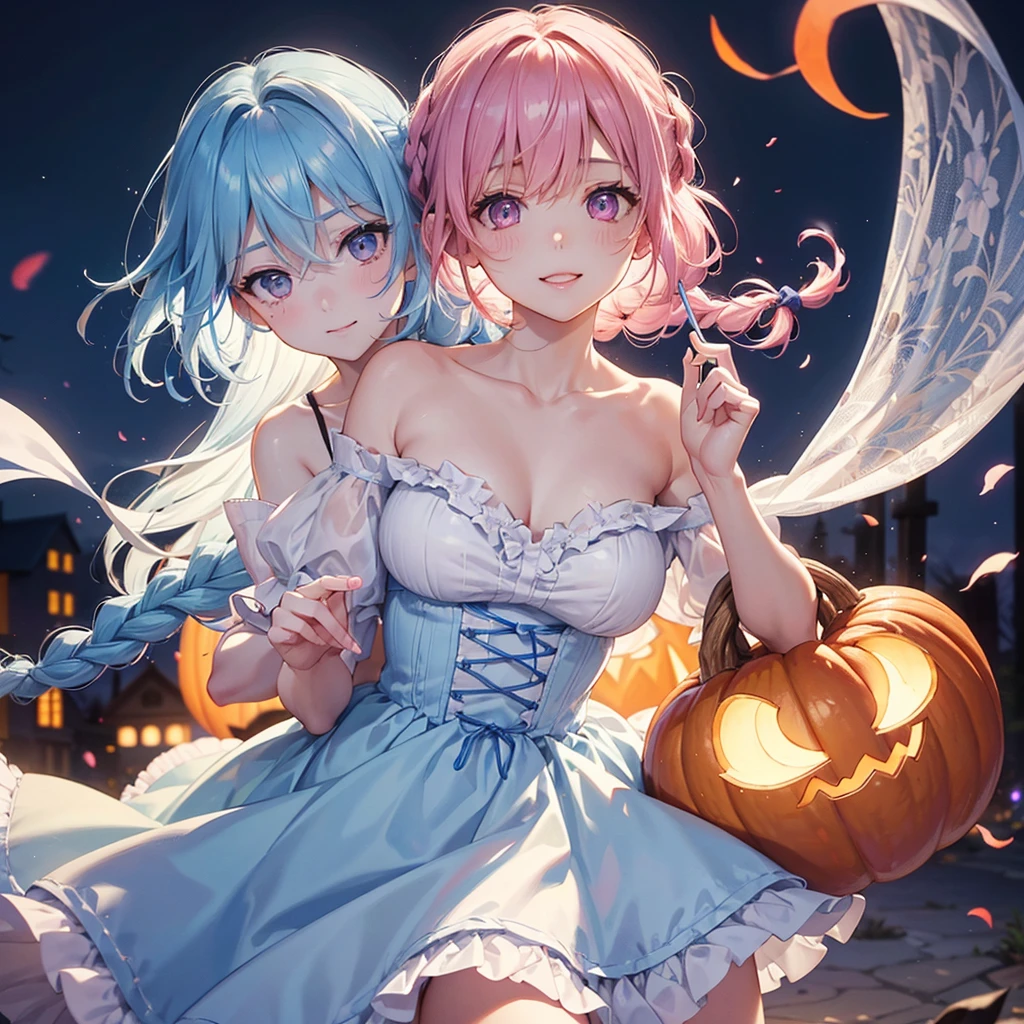 (Sky Blue Hair),(Braided medium hair), (Pink Eyes),Fair skin) ,(whole body),(One Girl),(Crescent Moon),(There are many pumpkin ghosts in the background),(Trick or Treat),Halloween Night Party),(masterpiece, Highest quality, Very detailed, Best Shadow), (Detailed Background), (Beautifully detailed face), High Contrast, (Best lighting, Very delicate and beautiful), ((Cinematic Light)), Hyper Detail,8k, Dramatic Light, Intricate details,Witch's Clothes,Magic broom,night,Flying bats in the sky,