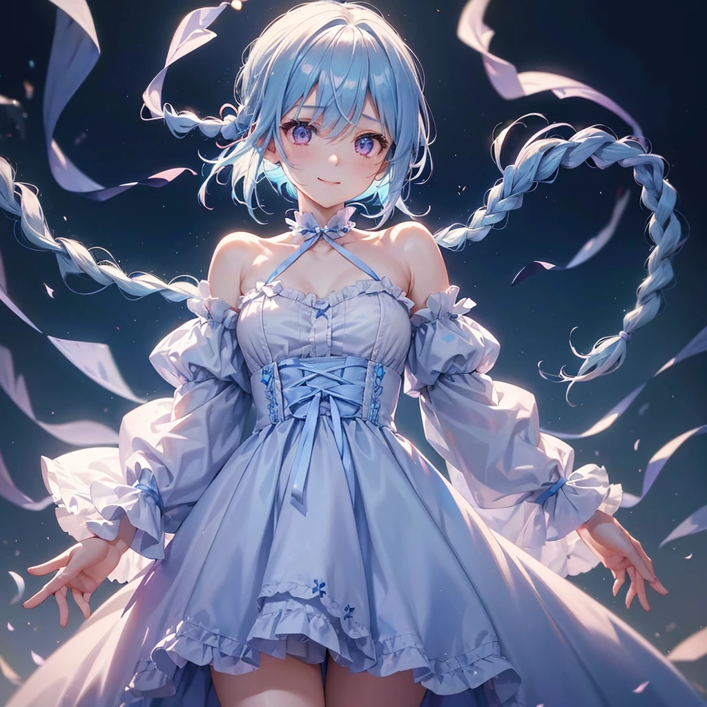 (Light blue medium hair),(Braided hair tied together)、Pink eyes、Fair skin、cowboy shot、Halloween、The background is a pumpkin ghost、Trick or Treat、A lot of sweets、Lollipop、Cosplay、A surprising smile、A dignified figure、solo、(masterpiece、Highest quality、Very detailed、Best Shadow)、(Detailed Background)、(Beautifully detailed face)、High contrast、(Best lighting、Very delicate and beautiful)、(Cinematic Light)、colorful、Hyper Detail、Dramatic Light、Exquisite detail、