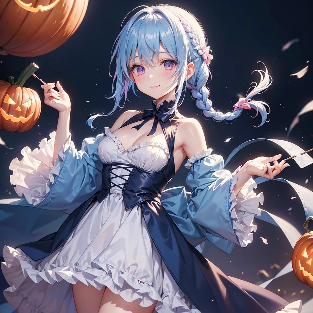 (Light blue medium hair),(Braided hair tied together)、Pink eyes、Fair skin、cowboy shot、Halloween、The background is a pumpkin ghost、Trick or Treat、A lot of sweets、Lollipop、Cosplay、A surprising smile、A dignified figure、solo、(masterpiece、Highest quality、Very detailed、Best Shadow)、(Detailed Background)、(Beautifully detailed face)、High contrast、(Best lighting、Very delicate and beautiful)、(Cinematic Light)、colorful、Hyper Detail、Dramatic Light、Exquisite detail、
