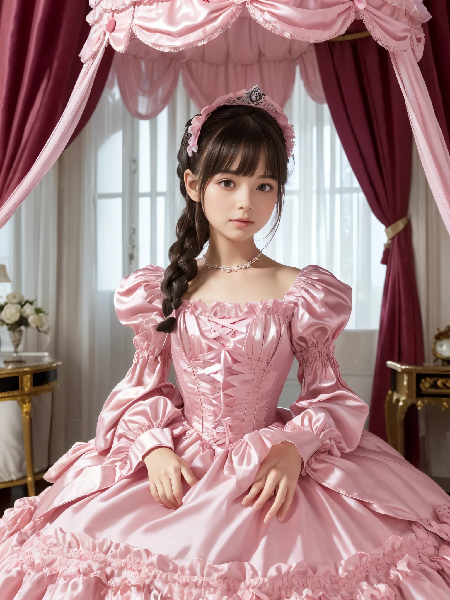 highest quality, masterpiece, highest resolution, artwork, super それにget used to it, many get used to it, get used to it, それにget used to it,(Loli), Girl, 10 years old,the girl is a princess,((girly dark pink satin fabric)), ((A Victorian ballgown dress with plenty of pink ruffles and bows and a voluminous full-length hoop skirt.)),long sleeve,long dress,A dress with lots of frills and ribbons..,luxury,((Palace bedroom)),((Huge square victorian canopy king size bed)),(the girl is sitting on the bed),lots of frilly pillows,ruffle bed skirt,