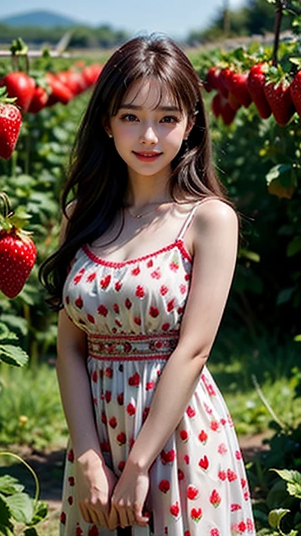 Beautiful Korean Girl, 1 Solo Girl, 20 years Girl, Beautiful Smile, ((smile: 1.2)), ((Masterpiece: 1.4)), ((Ultra HD Image quality)), ((Realistic)), k, Natural Human Skin, Soft skin, CG unity 8k wallpaper, ray tracing, High glow face, Superb beautiful face, High face texture, ((7D strawberry Printed beaded Sweetheart Homecoming Dress)), ((in background clear details with strawberry plants, strawberry orchards, Strawberry big fields, strawberry agricultural land, red Colour Strawberries)), standing in Strawberry orchards, beautiful angles, beautiful nature, very calm nature, peaceful nature, peaceful strawberry orchards, High resolution pictures, ((detailed girl)), ((Detailed background)), ((Detailed Face)), ((Detailed Dress)), ((detailed strawberry orchards)), ((Detailed nature)), Young Body, ((super Round Young breasts)), Perfect Figure, Slender, ((cinematic Photography, award winning photography)), ((Full body Shot)), ((Dim day light, cool Day)), 