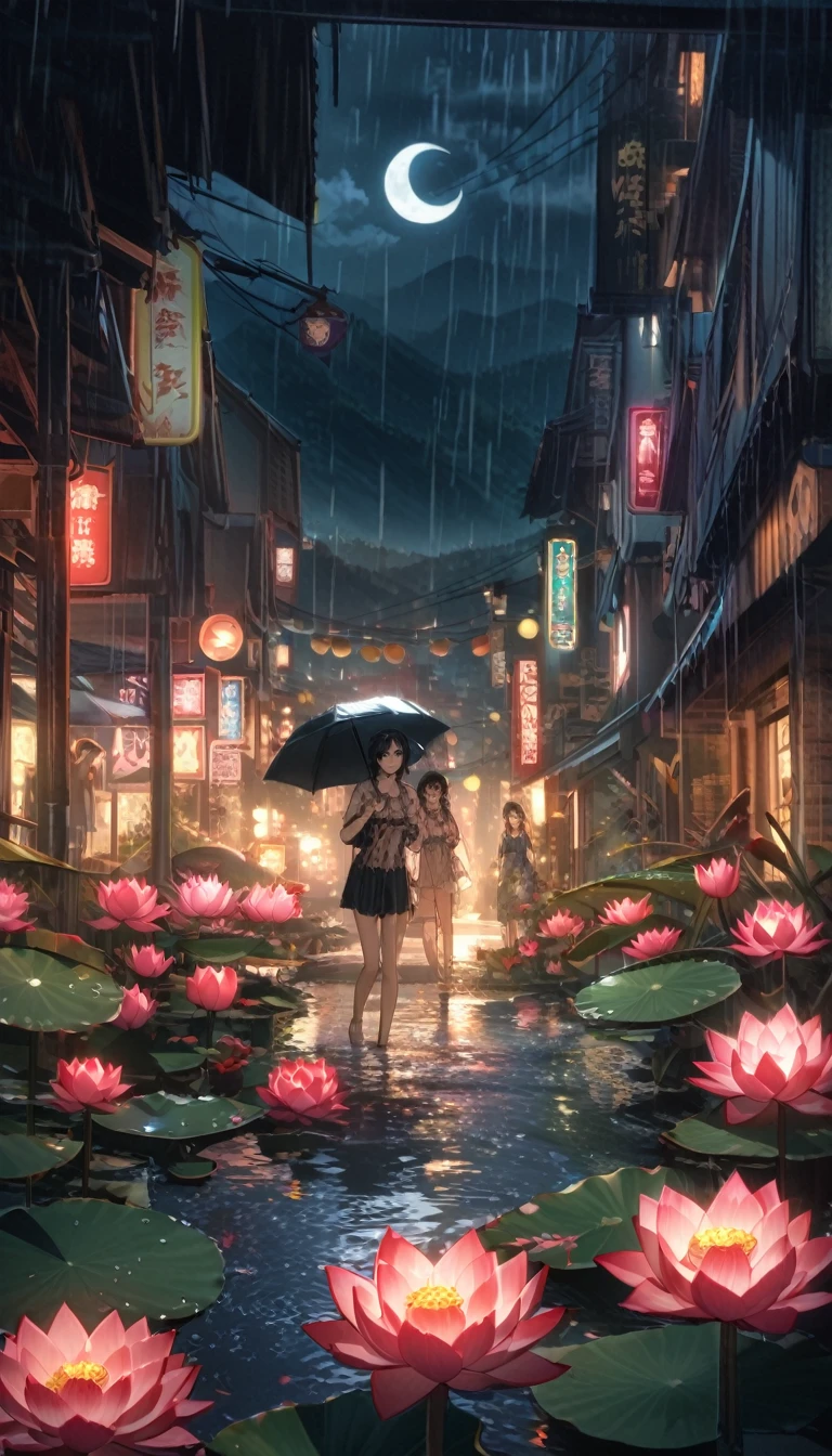 night, Only moonlight illuminates, Crescent Moon, Distant Mountain々, Beautiful large lotus nearby, Big red lotus, There is a water supply next to it, frog, Summer is full of joy, Crescent Moon in the sky mixed with stars, Awesome Wallpapers, rainy night, rainy night, Beautiful and beautiful, movie, Attention to detail ((downpour))), 8k