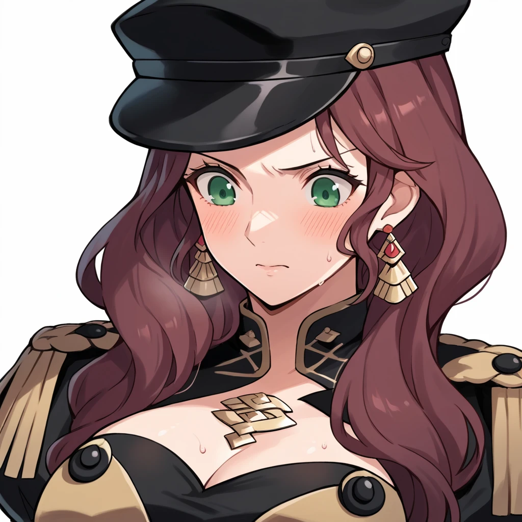 score_9, score_8_up, score_7_up, source_anime, Dorothea (Fire Emblem), bust shot, close-up, black headwear, (black long-sleeve uniform), brown hair, dangle earrings, gold trim, green eyes, jewelry, large breasts, long hair, black peaked cap, black hat, look down, aroused facial expression, closed mouth, blush, sweat