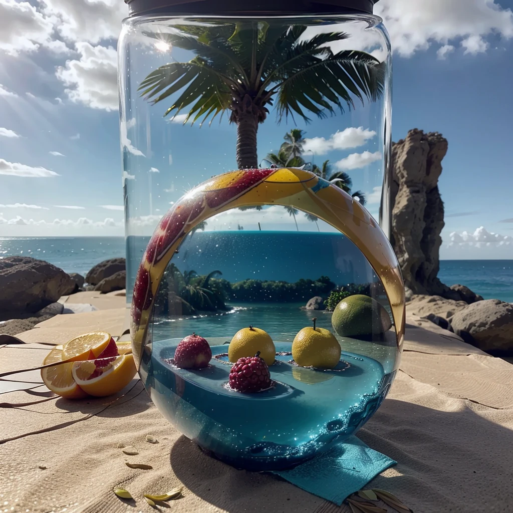 Title: "Sunset Fruit Oasis"

The painting depicts a larger-than-life surreal scene where the traditional cocktail glass has been transformed into a magical, floating oasis suspended in mid-air.

At the center of the composition is the "cocktail glass", but instead of being a solid container, it is a shimmering, transparent sphere that appears to float. Inside this ethereal glass, an abundance of tropical fruits - pineapple, mango, dragon fruit, passion fruit and more - are artfully arranged in a mesmerizing, three-dimensional display.

The fruits inside the glass seem to defy gravity, float and intertwine in a captivating, almost choreographic way. Small and whimsical elements are scattered among the fruit - miniature umbrellas, tiny figurines resting on slices of fruit and delicate flowers that drift through the composition.

The transparent cocktail "glass" is surrounded by a lush and dreamy landscape. In the background, a vibrant sunset colors the sky in a kaleidoscope of warm, golden hues. Swaying palm trees, floating flower petals and other fantastical elements create a sense of pure and unadulterated escapism.

To further enhance the sense of weightlessness and wonder, the entire scene may be floating on a cloud-like mist or suspended over a calm, reflective body of water. This creates the impression that the viewer is stepping into a parallel surreal dimension - an oasis full of fruits where the usual laws of physics do not apply.

The realistic processing of the fruits and other elements will establish the painting in a tangible, almost tactile quality, while the surreal and imaginative composition will silence the viewer and transport them to a realm of pure fantasy and freedom.
There must be no women in the painting in any way and shape