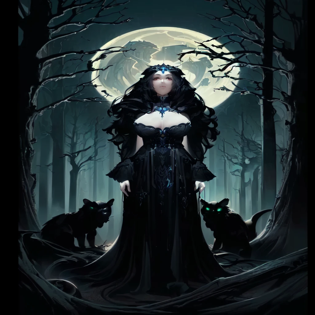 a woman in a black dress standing in front of a full moon, hecate, gothic horror vibes, hecate goddess, gothic art style, in style of dark fantasy art, gothic maiden, gothic fantasy art, gothic maiden of the dark, gothic art, witchy, dark fantasy style art, southern gothic art, gothic aesthetic, dark witch, pagan goddess