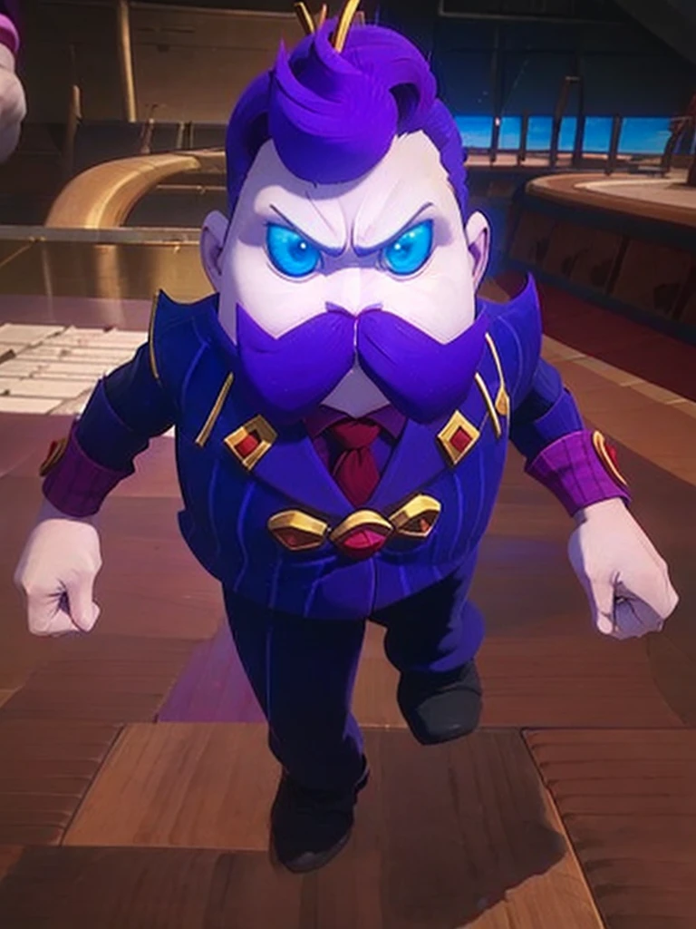  haltmann, purple hair, purple mustache, arms, wearing a dark blue suit with pink vertical lining, pink shirt, red tie, black shoes, gold suit button with a red diamond, pale purple gloves, pink cuffs, pale purple skin, blue eyes, golden earpiece with antenna