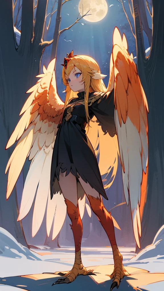 1 girl,alone,Harpyie, standing,blond hair,weave, blue eyes, Long hair,red feathers,Wing arms,bird legs, Short black dress,tiara, sexly, woods, moonlight