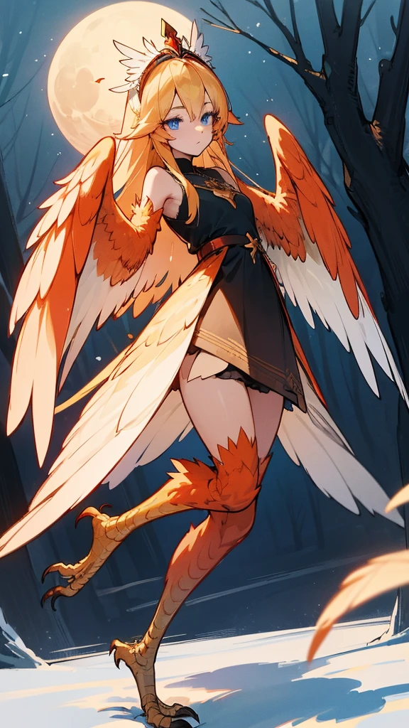 1 girl,alone,Harpyie, standing,blond hair,weave, blue eyes, Long hair,red feathers,Wing arms,bird legs, Short black dress,tiara, sexly, woods, moonlight