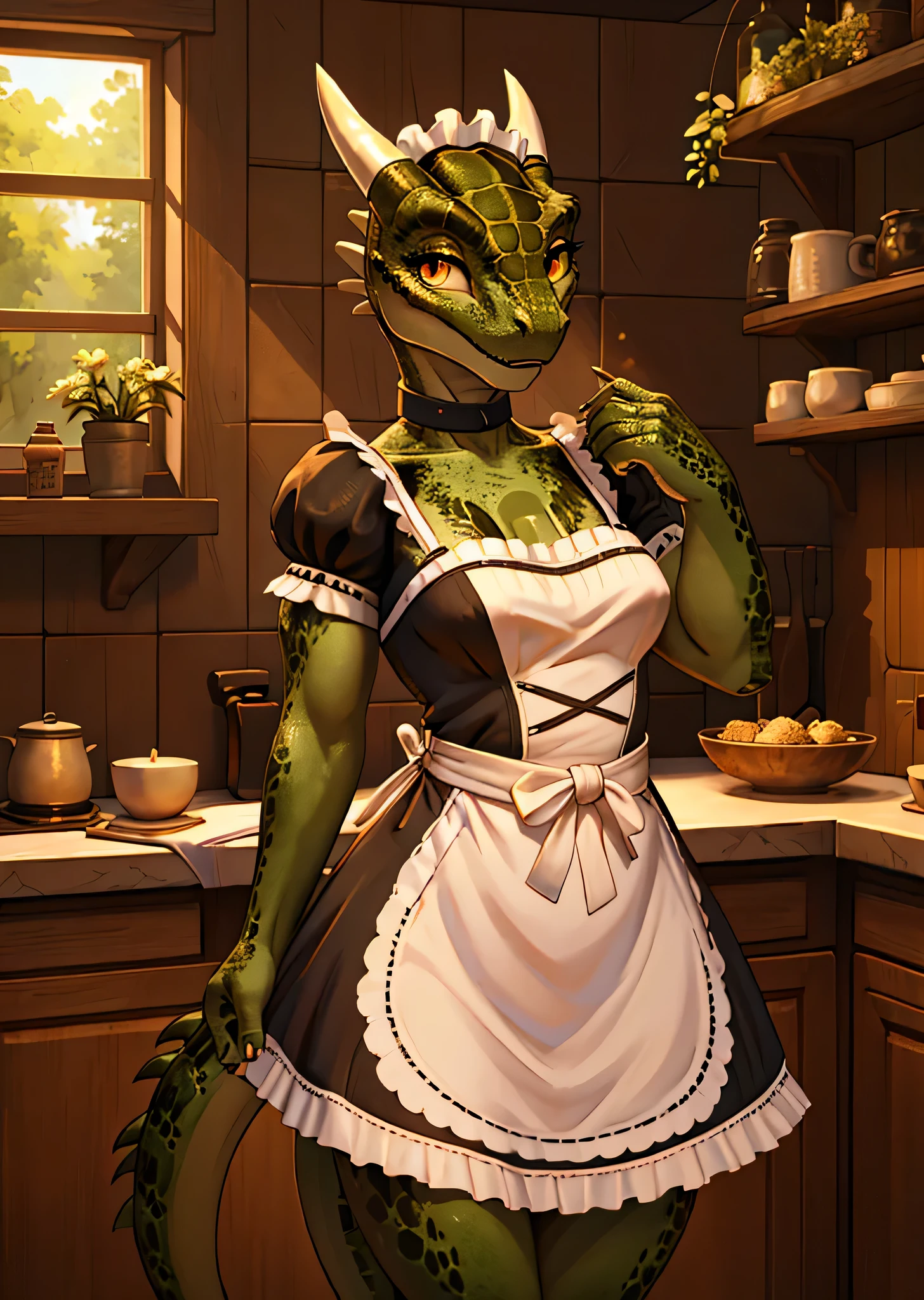 [Lusty argonian maid], ((masterpiece)), ((HD)), ((high res)), ((solo portrait)), ((front view)), ((waist up)), ((beautiful oil painting)), ((detailed shading)), ((intricate details)), {(attractive argonian), (toned slim figure), (green scaly skin), (cute yellow eyes), (long eyelashes), (defined muscles), (curvy hips), (beautiful legs), (cute smile)}, (black and white maid dress)}, {(formal stance), (looking at viewer)}, [ambient lighting, elder scrolls, kitchen, sun rays]