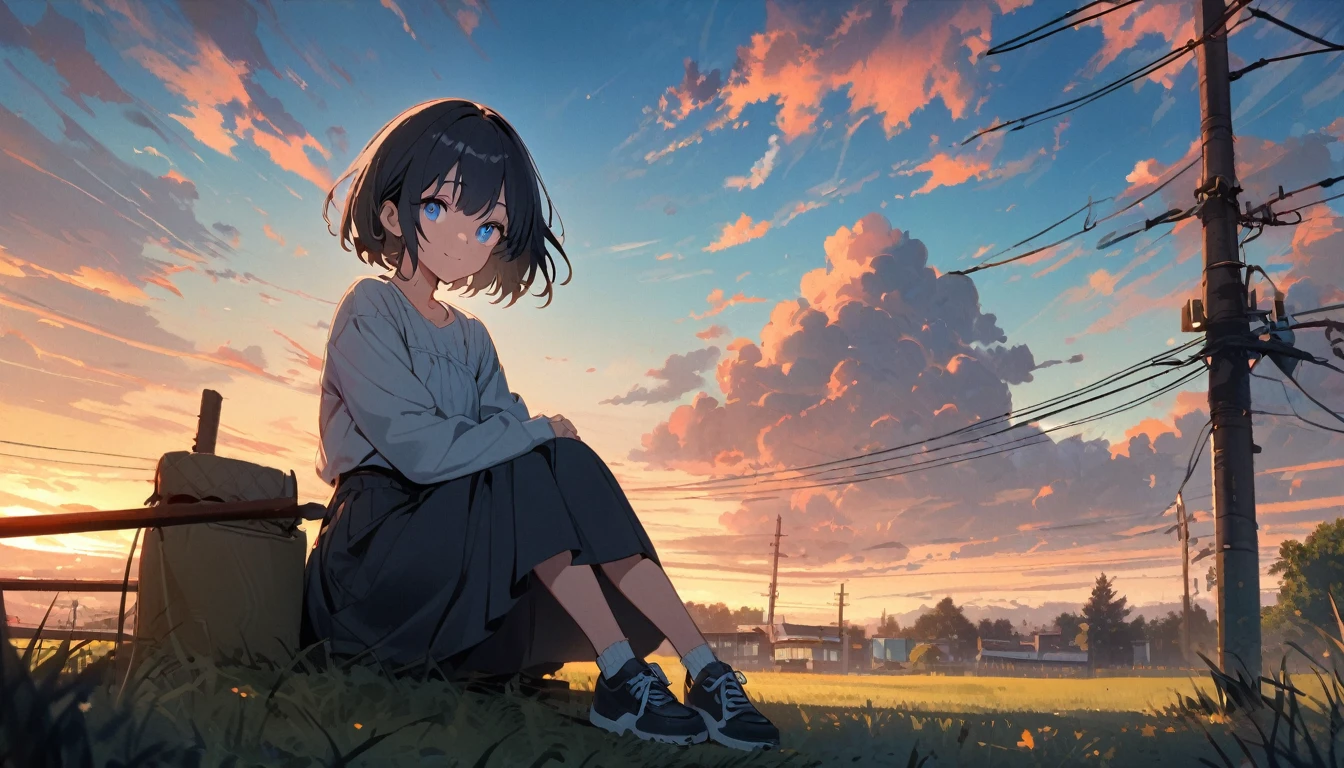 solo,1girl, solo, gentle smile on her face flat chest, short hair, black hair, blue eyes, (detailed eyes), looking at viewer ,outdoors, grass, sky, scenery, cloud, solo, sitting, power lines, tree, sunset, utility pole, skirt, shoes, cloudy sky, long sleeves, blue sky, fence, wide shot, day, building
