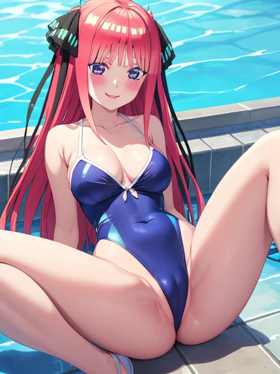 best quality, insanely detailed, nino nakano, swimsuit, breasts, blush, swimming pool background, smile, spread legs, pussy,highleg leotard