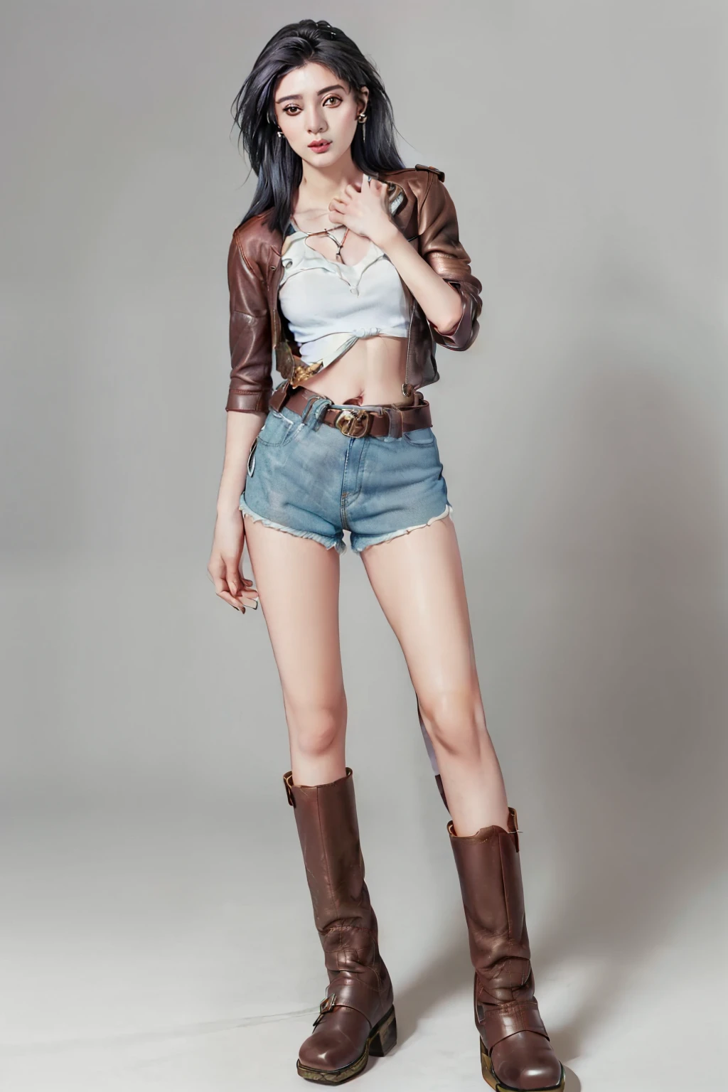 ((beauty eyebrows:1.4, large breast:1.4, beauty eyes:1.4,head out of frame:1.4,lower body:1.4,covering crotch:1.4,(((hand between legs:1.4))))),(((((tall:1.4,full body:1.4,standing:1.4,looking at downside:1.4)),((denim shorts:1.4, belt:1.4, leather ankle boots:1.4)),calf:1.4,ankle:1.4,knees together feet apart:1.4,sexy:1.4,(((((beauty face:1.4))))),belt:1.4,1girl:1.4,Mio Serizawa:1.4,blue long hair:1.2,tied shirt:1.2,earrings:1.2, navel:1.2))),((simple background:1.4)),(photo realist: 1.4), (hiper realist: 1.4), (realist: 1.3), (smoother lighting: 1.05), (Improve the quality of movie lighting: 0.9), 32K(increase the beauty of skin texture: 1.4, better quality, (beauty), (masterpiece:1.4), (Physically based rendering:1.4), (ultra high resolution:1.4), (best quality:1.4)