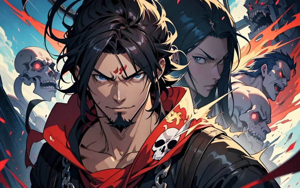 anime character with sword in a large crowd of skulls, epic anime art, Epic anime, advanced digital anime art”, offcial art, high quality art, art admirer, of one piece, Anime main art, epic portrait of menacing, epic color illustration, by Hiroyuki Tajima, high detailed offcial artwork, shigenori soejima illustration, badass composition