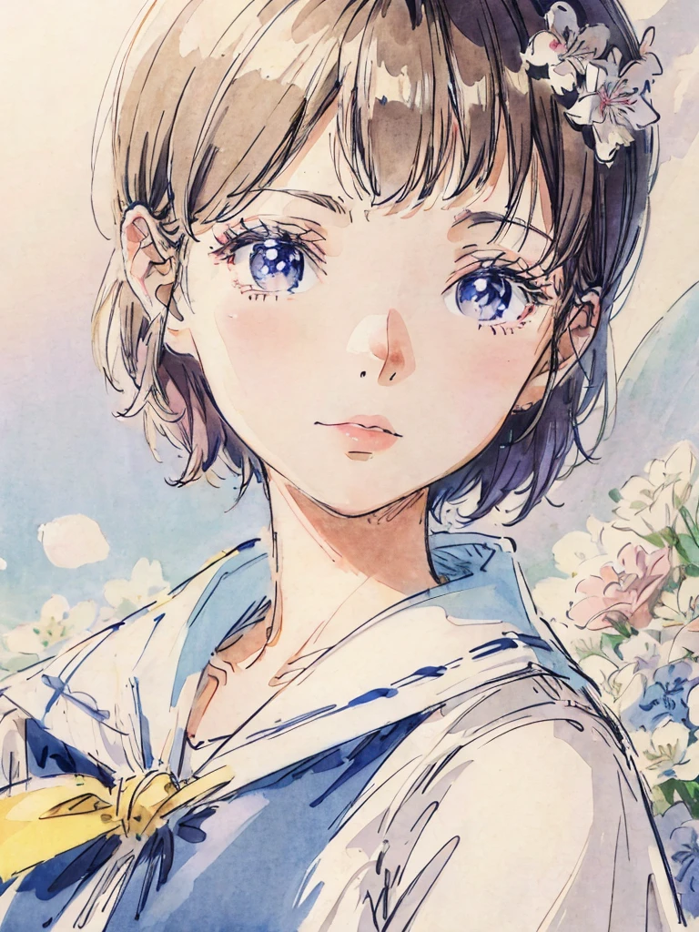 sailor suit、close up of face、soft lighting、colored pencils style、short hair、background flowers