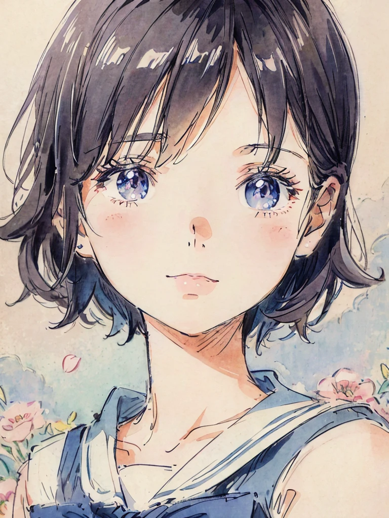 sailor suit、close up of face、soft lighting、colored pencils style、short hair、background flowers