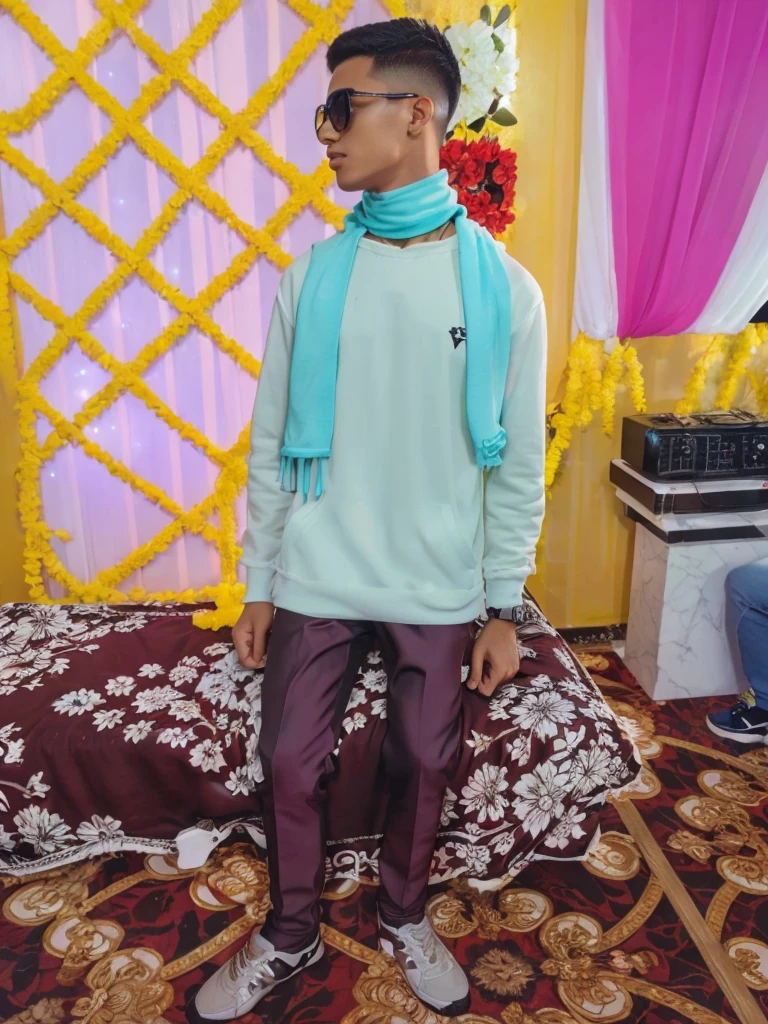 A 20-year-old boy sits in a black and white king chair against a black wall, holding a white falco. He’s dressed in a 3D white “Piyush ” name , a white hoodie, black pants, white shoes, and sunglasses. This vibrant and stylish scene exudes confidence and modern fashion.