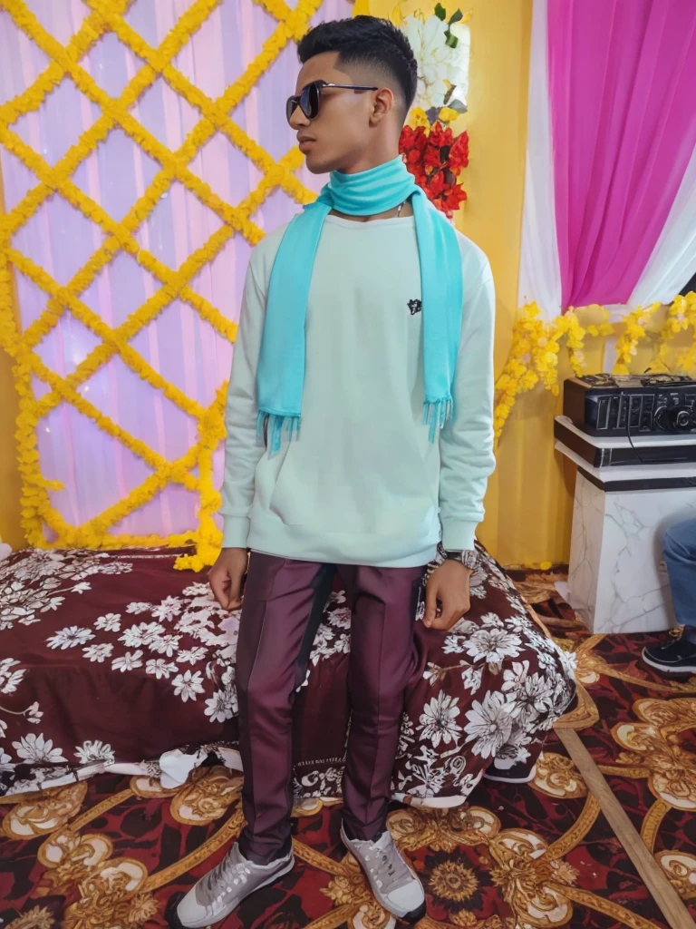 A 20-year-old boy sits in a black and white king chair against a black wall, holding a white falco. He’s dressed in a 3D white “Piyush ” name , a white hoodie, black pants, white shoes, and sunglasses. This vibrant and stylish scene exudes confidence and modern fashion.