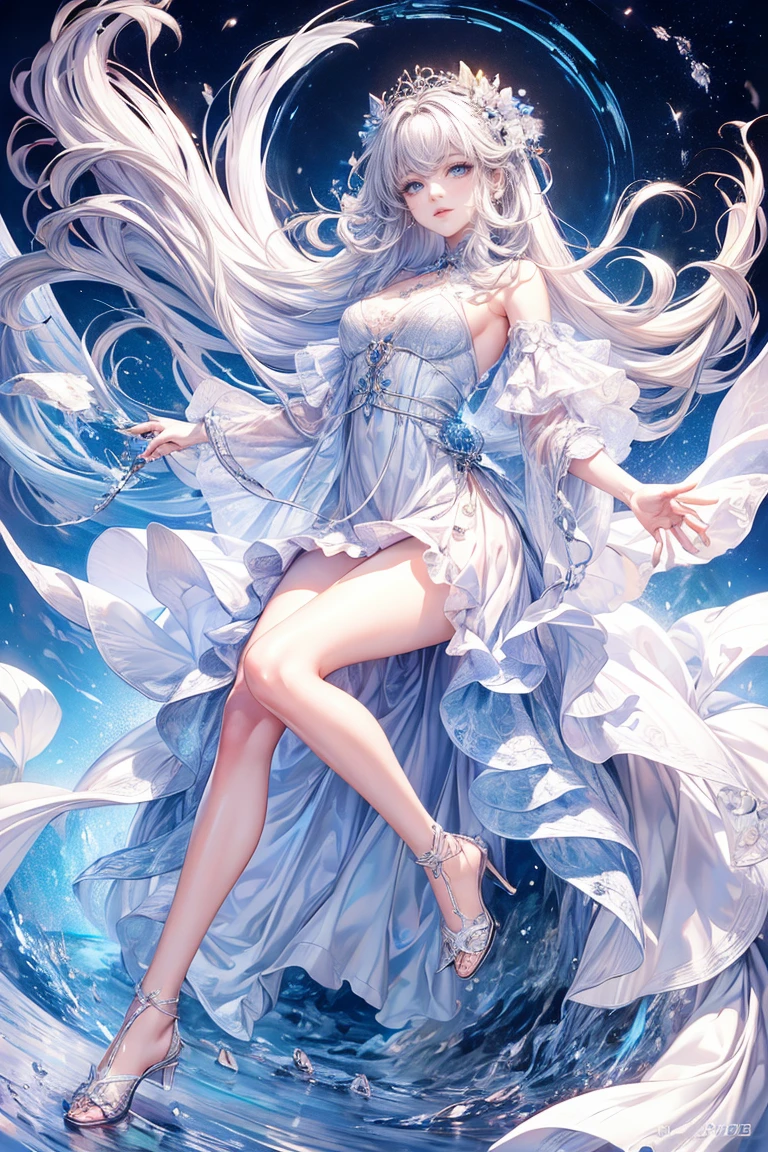 (Highest quality, 8k, CG, Beautiful and exquisite upper body, , Transparent coat dress, Star background, Complex facial features, length, Floating Hair, Almond Eye, Exquisite eye makeup, length eyelashes fluttering, Blinking big eyes, Starry Sky, Delicate lip detail, Soft and harmonious style) 、(Ultra-realistic), (An illustration), (High resolution), (8k), (Very detailed), (最高のAn illustration), (Beautiful attention to detail), (Highest quality), (Very detailed), (Masterpiece、), (wallpaper), (Detailed face), alone、、、、、, One girl, Aristocratic dress、Gray Hair, iridescent heterochromatic eyes, Mid-chest, Long legs、A wonderful composition、Foot braiding、Beautiful and exquisite legs、Long, slightly curly white hair、Ankle-length dress